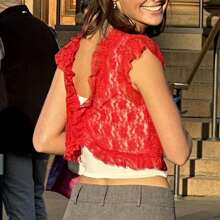 Floral Lace Shrug Top For Women's Tie Front Top Ruffled Hem Office Sheer Crop Bolero Cardigan,Can Be Wear Front Back - Red - View 4