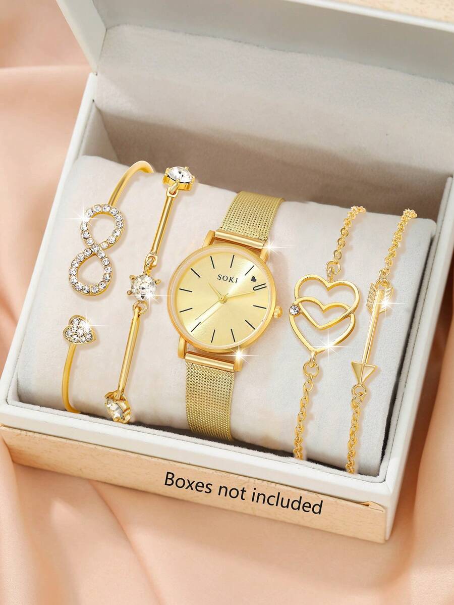 5 pièces Montre pour femmes, bracelet en acier inoxydable décontracté, montre quartz et bracelet flèche vent mode créative en forme de 8 avec diamant, montre-bracelet pour femmes adapté pour le port quotidien, la rentrée scolaire, la remise des diplômes, Thanksgiving, les couples, le meilleur cadeau. Boîte de montre non incluse
