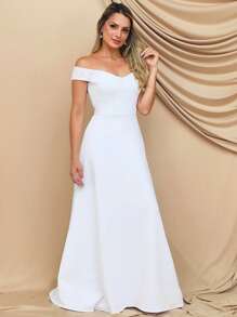 Off-The-Shoulder Lace Wedding Dress - trắng - Xem 2