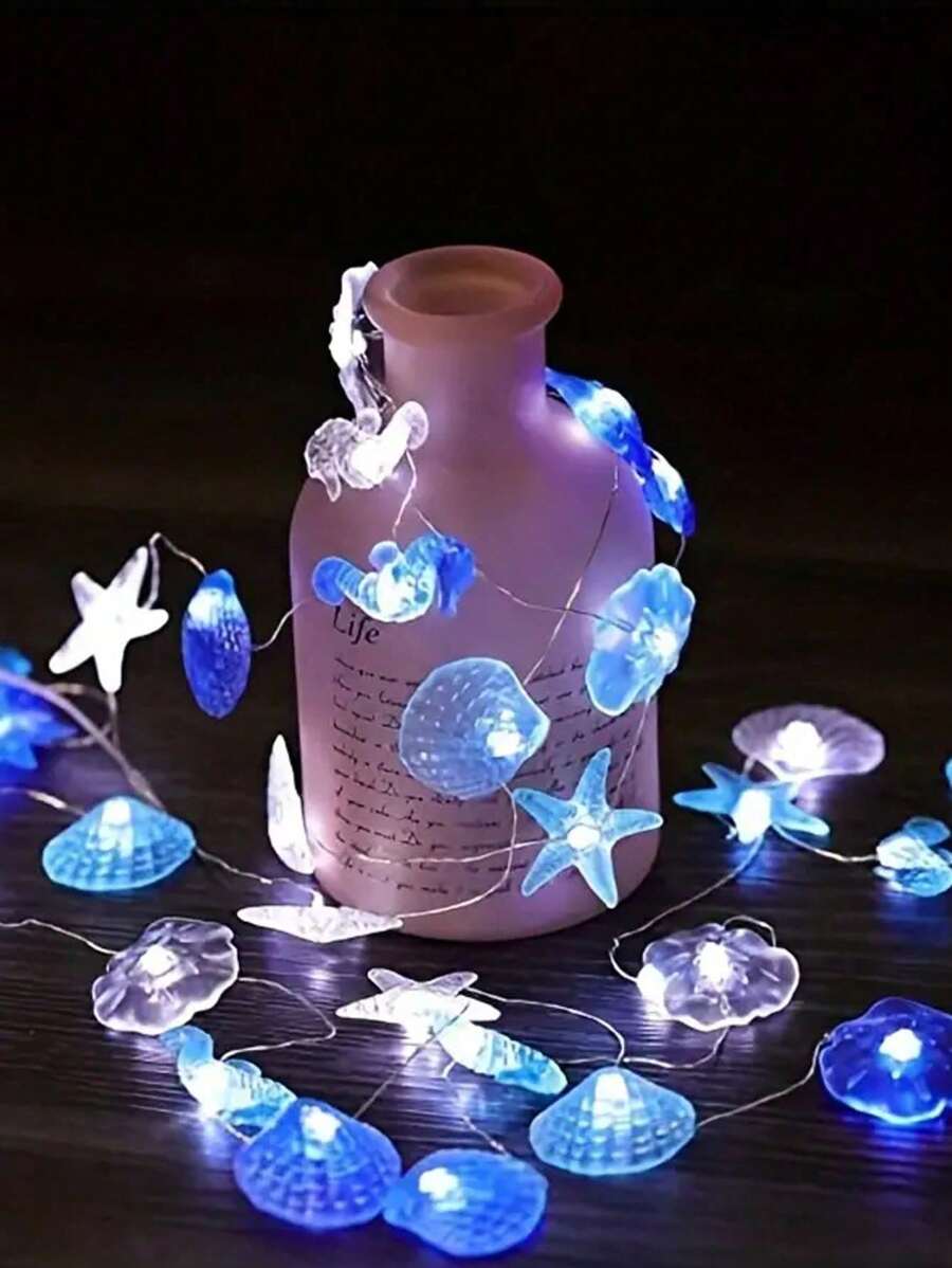 1pc Beach Style String Lights, Summer Beach Ocean Decor, Battery Powered, Shell Starfish Seahorse Theme Lights, Indoor Outdoor Decoration, Garden Lights, Wedding Decor, Room Decor - Multicolor - View 1