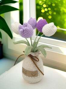 1 件手工钩编郁金香花束装饰，采用纱线花瓶中的永生花制成，用于汽车仪表板、家居装饰、办公桌展示，适用于各种房间类型和节日装饰（织物标签为随机款式，有些可能没有标签，拍照时因灯光原因略有色差，请谅解） - 均碼 - 查看 6