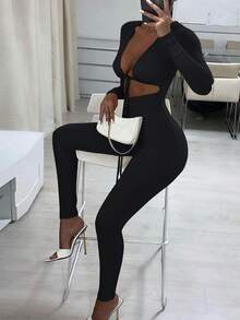 女士性感系带镂空长袖紧身连体裤，亲肤，适合日常穿着 - 黑色 - 查看 3