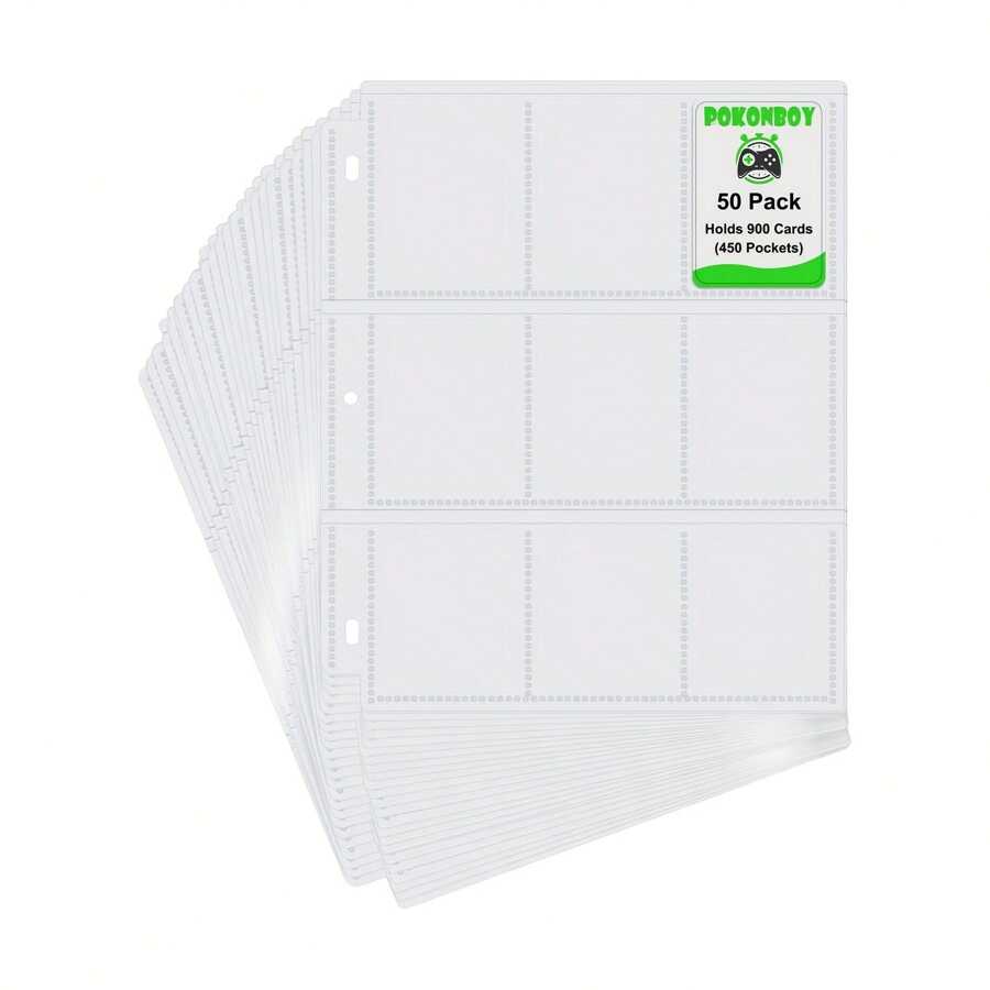 Paquete de 50 fundas premium de 9 bolsillos para tarjetas de intercambio, páginas de álbum para tarjetas, admite hasta 900 tarjetas de tamaño estándar para deportes, juegos y tarjetas de presentación - transparente - Ver 1