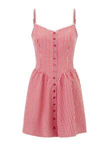 Women Spaghetti Strap Cami Dress Plaid Print Sweetheart Neck Sleeveless Button-Down A-Line Short Dresses - 紅色 - 查看 3
