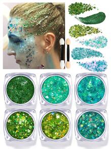 Set de 8 piezas (1 bote de 6 colores de gel brillante + 2 pinceles aplicadores) Kit de herramientas de maquillaje con brillos corporales, glitter súper de PET, polvo holográfico, gel para cara, cabello, decoración de fiestas, clubes, festivales de música, regalo para niñas
