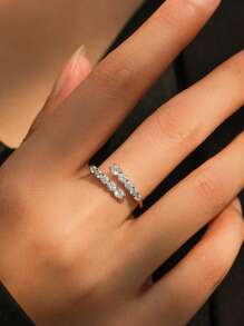 1pc S925 Sterling Silver Zirconia Sparkle Double Row Adjustable Open Ring For Women, Everyday Wear Unique Quality Personalized Gift