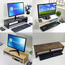 Computer Monitor Base Heightening Desk Keyboard Storage Storage Extended Thick Double-Layer Wooden Bracket Student Dormitory Desktop Storage Rack,Makeup Organizer,Organizer,Storage Organizer,Skin Care Organizer,Office Storage,Stationery Organiser,Nail Storage,Bedroom Decor - Multicolor - View 7