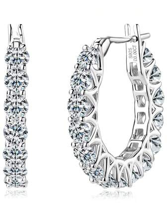 XUJIA 1 对女士全环莫桑石耳环 100% 纯银 3 毫米 D-E 色圆形莫桑石耳环生日珠宝礼物