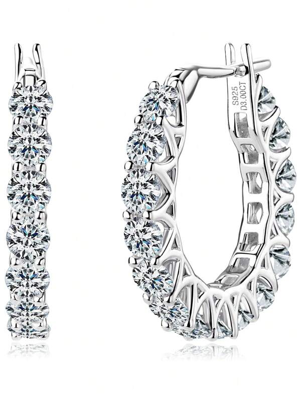 XUJIA 1 Pair All-Around Moissanite Hoop Earrings For Women 100% Sterling Silver 3mm D-E Color Round Moissanite Earrings Birthday Jewelry Gifts