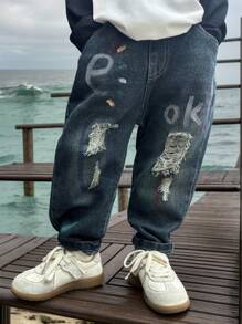 Young Boys Autumn Ripped Graffiti Print Denim Jeans - Blue - View 5