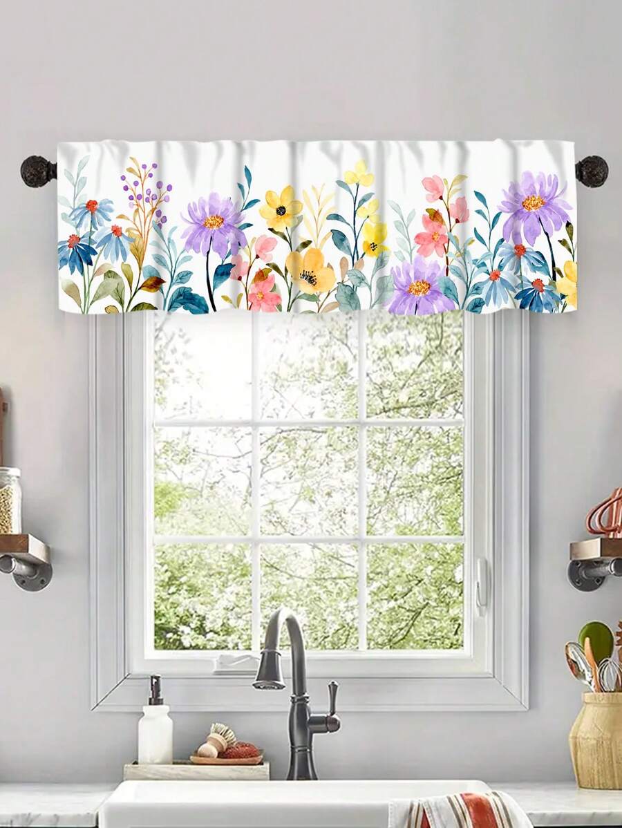 1pc Spring Purple Flower Curtain,Small Short Curtain, Without Holes Curtain, Refer To Bedroom Office Kitchen Living Room Study Home Decor - Multicolor - View 1