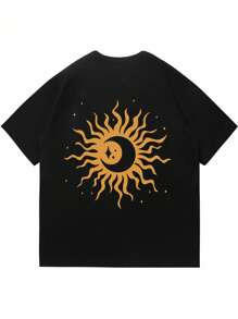 男士夏季太阳和月亮印花圆领短袖休闲T恤 - 黑色 - 查看 4