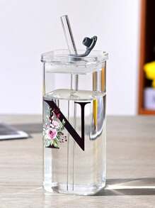 1pc A-Z Flower Letter Pattern Square Glass Cup, Simple And Heat-Resistant Flat Bottomed Cup For Office And Household Use, Milk Coffee Cup With Square Mouth, Bridesmaid Gift, Birthday Gift