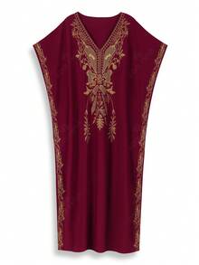 Red Embroidered Dubai Style Short Sleeve Casual Robe, Kaftan Robe