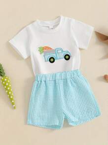 Baby Toddler Boy Easter Outfit Bunny/Carrot Truck Short Sleeve T-Shirt Striped/Plaid Shorts 2 Piece Outfit - Blue - View 6