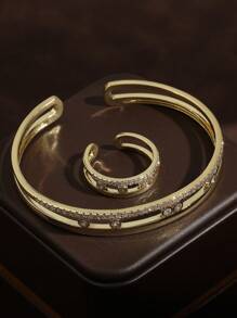 rakol 2 Stücke Set glänzender minimalistischer goldener runder Armreif & Ring Set, Alltagsschmuck Geschenke für Frauen