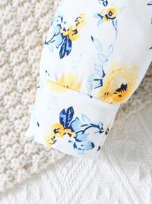 Baby Girl Long Sleeve Cute Print Button Romper + Hat - Yellow - View 7