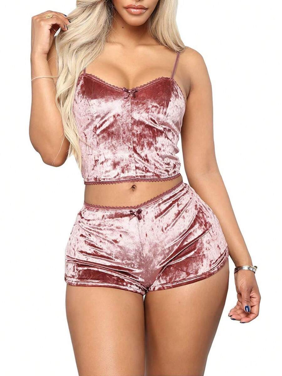 Women Sexy 2PCS Lingerie Set, Slim Solid Color Sling Crop Top, Short Elastic Band Pants, Summer Sleepwear Set - Bright Pink - View 1