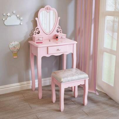 Kids Dressing Table With Mirror And Stool, Children's Vanity Set With Flip Up Heart Mirror And 3 Drawers, Girls Makeup Desk For Age 3-9