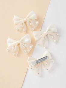 2pcs Pearl Bow Hair Clips For Teen, Cute/Playful Bow Hair Accessories, Fashionable High-End Hair Ornaments - Beige - View 3