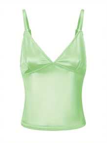 Women's Summer Satin Cami Tops Sleeveless Open Back V Neck Solid Color Tank Tops - 綠色 - 查看 2