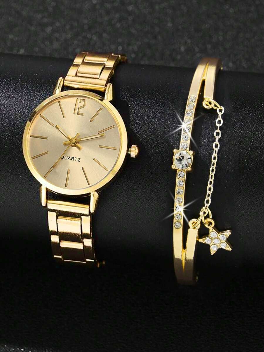 1pc Graduation Digital Small Disc Girls Steel Strap Watch And 1pc Bracelet Jewelry Set For Ladies - Gold - View 1
