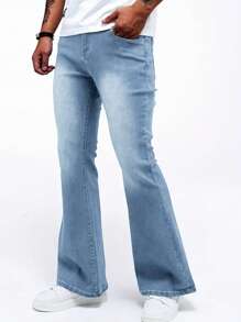 Men's Denim Flare Pants, Casual Slim Fit Stretch Trousers - Light Wash - View 5