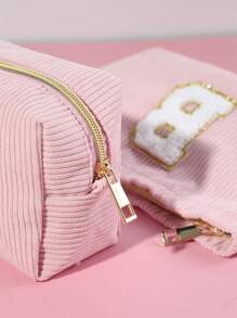 2pcs Pink Minimalist Embroidered Letter Corduroy Makeup Pouch, Large Capacity Portable Handbag Travel Cosmetic Bag, Mother's Day Gift - Pink - View 6