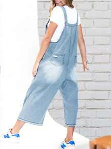 Women's Casual Denim Overall Jumpsuit  Loose Adjustable Shoulder Straps Make Old Denim Cargo Belt Pockets