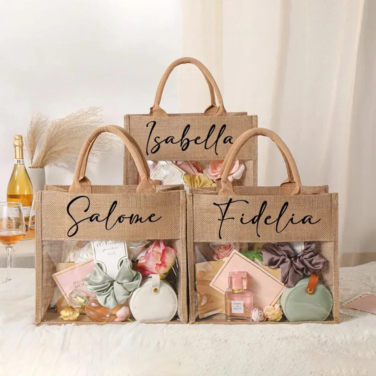 Personalized Bridesmaid Gift Bag With Scarf, Burlap And PVC Beach Bag ...