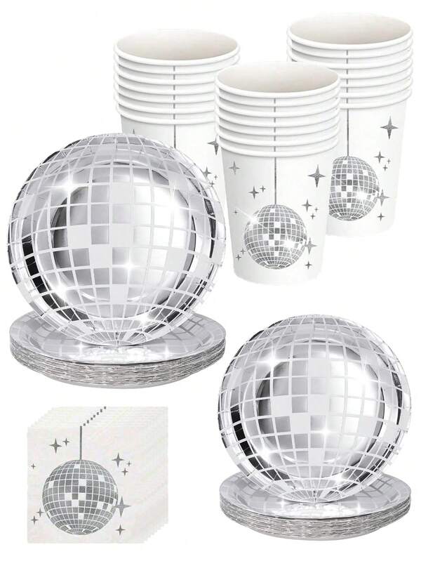 10pcs Disco Paper Plates, Silver Foil Disposable Paperboard Plates, 70s Disco Party Supplies, Bachelor Board Disco Ball Dessert Dinner Board Birthday 70s Disco Party Wedding Includes 7 "/9" Plates, 9OZ Paper Cup, Napkins