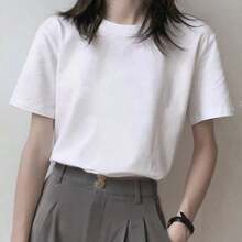 Maglietta casual da donna a maniche corte, girocollo monocolore, top estivo, collo lavorato con cura