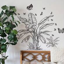 极简主义黑白素描植物蝴蝶墙贴，可移除自粘墙贴，适用于酒店、旅馆、网吧、办公室、卧室、客厅、书房礼物生日毕业房间装饰家居装饰墙壁装饰浴室装饰卧室装饰房间装饰用品客厅装饰家居装饰客厅墙纸贴纸个性贴纸 - 黑色 - 查看 5