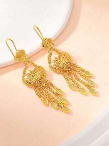 24K Gold Plated Hollow Floral Heart Pendant Necklace & Tassel Earrings 2Pcs Bridal Jewelry Set, Dubai Fashion Copper Jewelry For Women - Gold - View 2