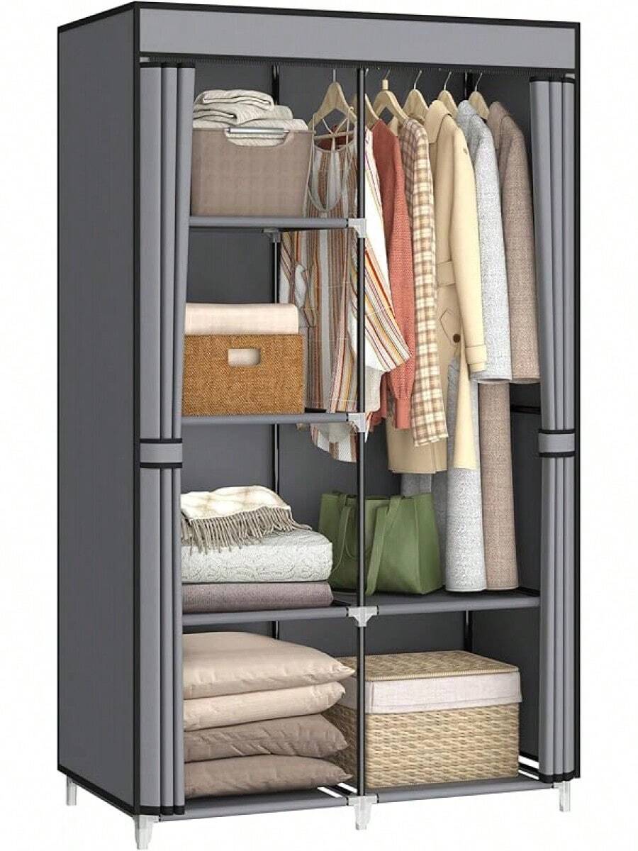 35 Inch Portable Wardrobe Closet For Small Room, Clothing Organizer Storage Rack With Non-Woven Fabric Cover, 1 Clothes Hanging Rod, 6 Storage Shelves, Grey - Grey - View 1