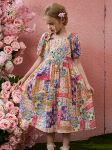 Tween 女童透气波西米亚风短袖泡泡袖公主裙 - 彩色 - 查看 7