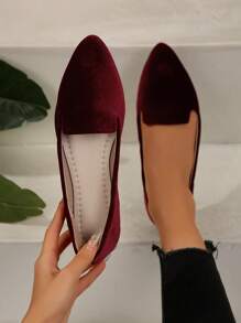 Women's Pointed Toe Colorful Pattern Flat Loafers, New Autumn Outdoor Daily Comfortable Casual Slip-On Canvas Soft Bottom Work Driving Shoes, Versatile Flat Shoes, Random Pattern Designs - Burgundy Velvet - View 3