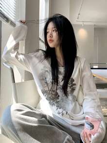 甜美休闲宽松天使圆领长袖 T 恤上衣 - 白色 - 查看 3