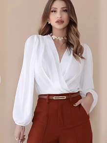 Women's Wrap Bodysuit With Puff Sleeves - trắng - Xem 1