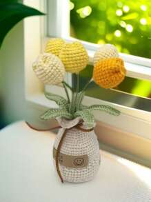 1 件手工钩编郁金香花束装饰，采用纱线花瓶中的永生花制成，用于汽车仪表板、家居装饰、办公桌展示，适用于各种房间类型和节日装饰（织物标签为随机款式，有些可能没有标签，拍照时因灯光原因略有色差，请谅解） - 均碼 - 查看 4