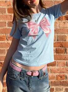 Women's Summer Tops Casual Short Sleeve Crew Neck Bow Print T-Shirts Blouses Streetwear