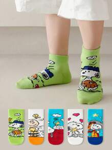 SNOOPY 5 paar Snoopy Cartoon kindersokken, halfhoge meisjessokken, ademende jongenszomersokken, student peuter enkelsokken