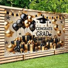 1 PC, Graduation Party Background Flag, Polyester, "Congratulations To Graduates" Theme, With Balloon And Gift Design, Suitable For Memory Photos And Celebration Events, Indoor/Outdoor Use