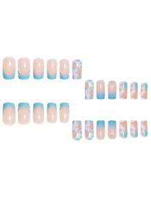1 Box Of 24pcs Coffin Shaped French Manicure Nails, Blue White Ombre Marble Texture, 3D Striped & Shell Pattern Press On Nails Set, Removable Designed For All Girls And Women, Comes With Nail File