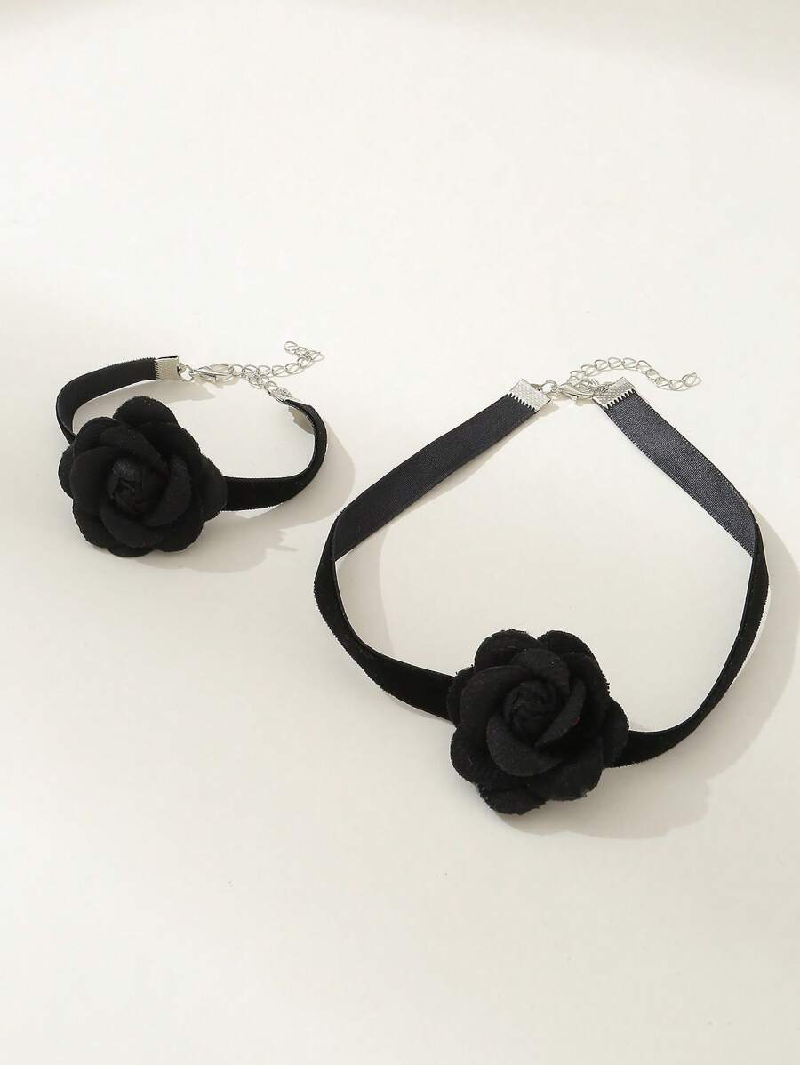 2pcs/Set Girls Flower Necklace And Bracelet Jewelry Set, Suitable For Daily Decoration - Black - View 1