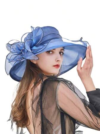 1 件装花网遮阳帽，女士沙滩防紫外线太阳帽，欧根纱帽