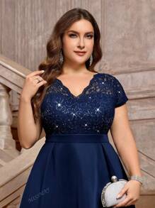 Plus Elegant V-Neck Contrast Sequin Floral Lace Prom Cocktail Party Swing Dress, Wedding Guest Dress, For Birthday, Graduation, Homecoming