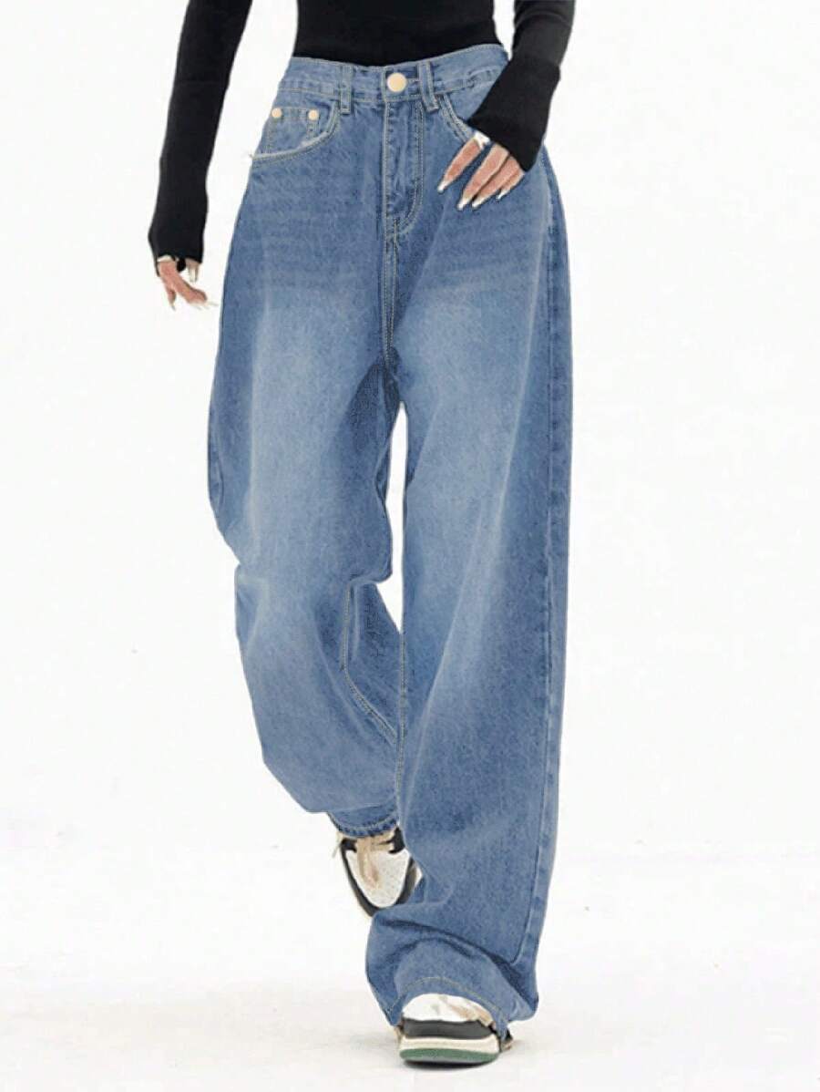 Women's Casual Washed Wide-Leg Denim Pants