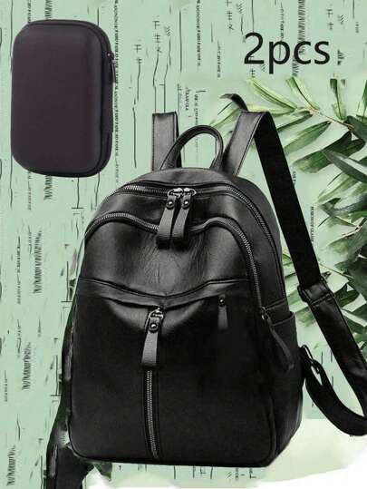 1/2PCS Multi-Function Waterproof Lightweight With Portable Mobile Phone Charger Data Cable Organizer Bag Portable Minimalist Classic Backpack Zip Front For Teen Girls Women College Students White-Collar Workers Perfect For School College Work Business Commute Back To School Mother's Day Gift (Random Silver And Black Zips)