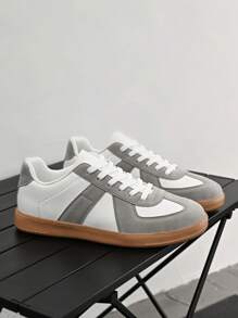 男士舒适撞色皮革拼接舒适低帮复古休闲情侣运动鞋德式训练鞋日常街头百搭平底防滑缓震运动鞋 - 白色 - 查看 4